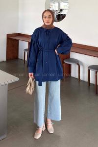 Navy Blue Shirt Collar Long Arm Crepe Fabric Unprinted Shirt