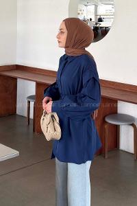 Navy Blue Shirt Collar Long Arm Crepe Fabric Unprinted Shirt