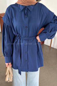 Navy Blue Shirt Collar Long Arm Crepe Fabric Unprinted Shirt