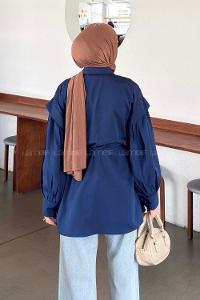 Navy Blue Shirt Collar Long Arm Crepe Fabric Unprinted Shirt