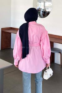 Lamelif Katmanlı Omuz Detaylı Bağlamalı Gömlek Şeker Pembesi