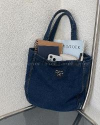Lamelif Yıkamalı Kot Arma Detaylı Denim Koyu Mavi Çanta[Kot Totebag]