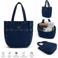 Lamelif Yıkamalı Kot Arma Detaylı Denim Koyu Mavi Çanta[Kot Totebag]
