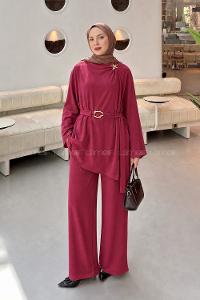 Lamelif Gold Broş Detaylı Pantolonlu Takım Bordo