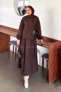 Bitter Brown Shirt Collar Long Arm Buckle Crepe Fabric Straight Skirt Suit