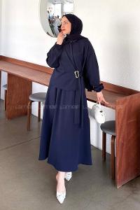 Navy Blue Shirt Collar Long Arm Buckle Crepe Fabric Straight Skirt Suit