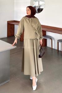 Mink Shirt Collar Long Arm Buckle Crepe Fabric Straight Skirt Suit