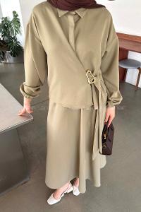 Mink Shirt Collar Long Arm Buckle Crepe Fabric Straight Skirt Suit