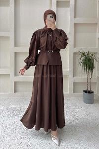 Lamelif Büzgü Detaylı Kemerli Etekli Takım Acı Kahve