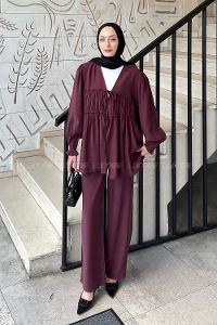 Lamelif Büzgü Detaylı Pantolonlu Takım Mürdüm
