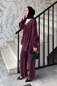 Lamelif Büzgü Detaylı Pantolonlu Takım Mürdüm