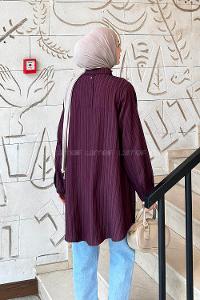 Lamelif Çizgi Geçişli Tesettür Gömlek Mürdüm