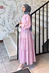 Lamelif Kat Detaylı Bağlamalı Elbise Pembe
