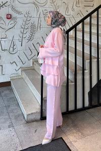 Lamelif Kat Detaylı Pantolonlu Takım Pembe