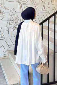 Lamelif Kolları Fırfırlı Tesettür Gömlek Ekru