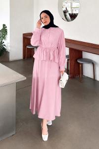 Pink Shirt Collar Long Arm Viscose Fabric Flared Skirt Suit