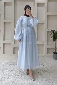 Baby Blue Crew Neck Cotton Unprinted Dresess