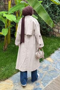Lamelif Uzun Apoletli Oversize Trenç Taş Rengi
