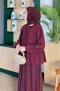 Lamelif V Yaka Kolları Lastikli Müslin Tesettür Gömlek Mürdüm