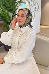 Lamelif Gül Desen Soft Eşarp Haki
