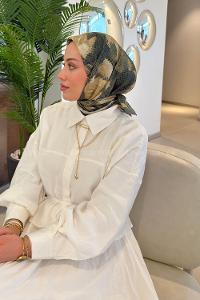Lamelif Gül Desen Soft Eşarp Haki