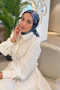 Lamelif Gül Desen Soft Eşarp Lacivert