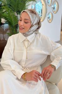 Lamelif Bohem Çiçek Desen Soft Eşarp Bej