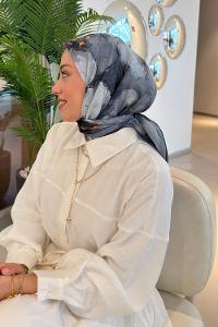 Lamelif Bohem Çiçek Desen Soft Eşarp Füme