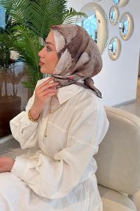 Lamelif Bohem Çiçek Desen Soft Eşarp Koyu Yeşil Vizon