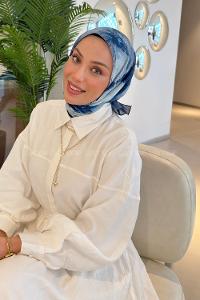 Lamelif Bohem Çiçek Desen Soft Eşarp Lacivert