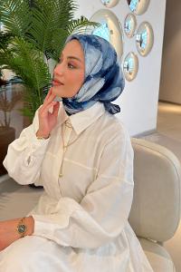 Lamelif Bohem Çiçek Desen Soft Eşarp Lacivert