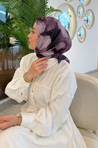 Lamelif Bohem Çiçek Desen Soft Eşarp Mürdüm