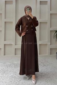 Lamelif Crop Ceket-Etek Takım Kahverengi