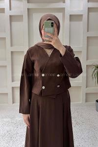 Lamelif Crop Ceket-Etek Takım Kahverengi