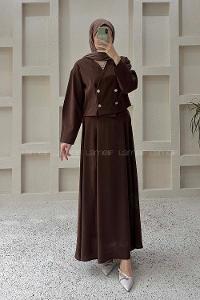 Lamelif Crop Ceket-Etek Takım Kahverengi