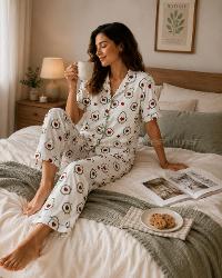 Lamelif Kadın Avakado  Desenli Fiyonk Özel Dikiş Pijama Takımı