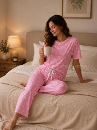 Lamelif Kadın Milan Kumaş Kalp  Desen  Pijama Takımı
