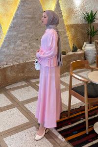 Pink Shirt Collar Long Arm Viscose Fabric Flared Skirt Suit