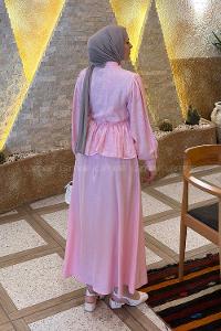Pink Shirt Collar Long Arm Viscose Fabric Flared Skirt Suit