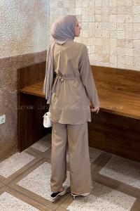 Lamelif Gold Broş Detaylı Pantolonlu Takım Vizonrengi