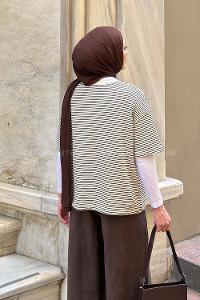Lamelif Çizgili T-shirt Bej-Kahverengi
