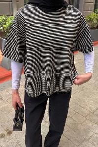 Lamelif Çizgili T-shirt Siyah-Ekru