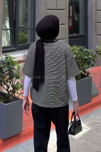 Lamelif Çizgili T-shirt Siyah-Ekru