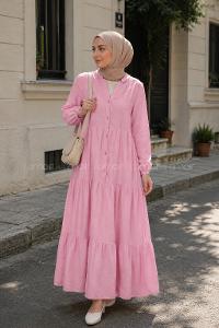 Lamelif Krinkıl Düğme Kapama Elbise Pembe