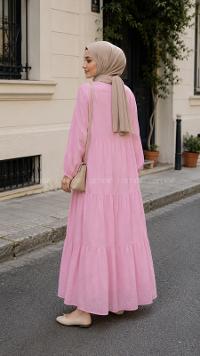 Lamelif Krinkıl Düğme Kapama Elbise Pembe