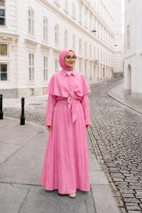 Lamelif Pelerinli Toka Detaylı Etekli Takım Pembe