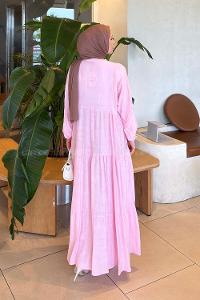 Pink Mandarin Collar Cotton Dresess