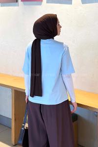 Baby Blue Crew Neck Long Arm Cotton Shirt