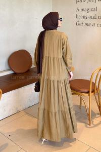 Khaki Mandarin Collar Cotton Dresess