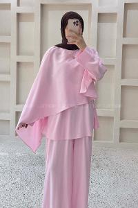 Candy Pink Crew Neck Long Arm Sandy Fabric Regular Trousers Comfortable Suit